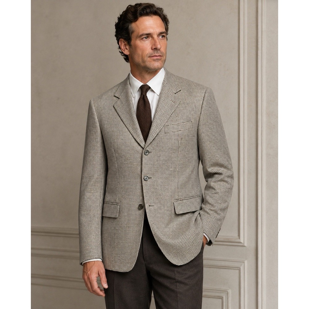 Coppley SILK WOOL Sport Coat 41 TALL Beige Black Houndstooth Blazer Jacket EUC